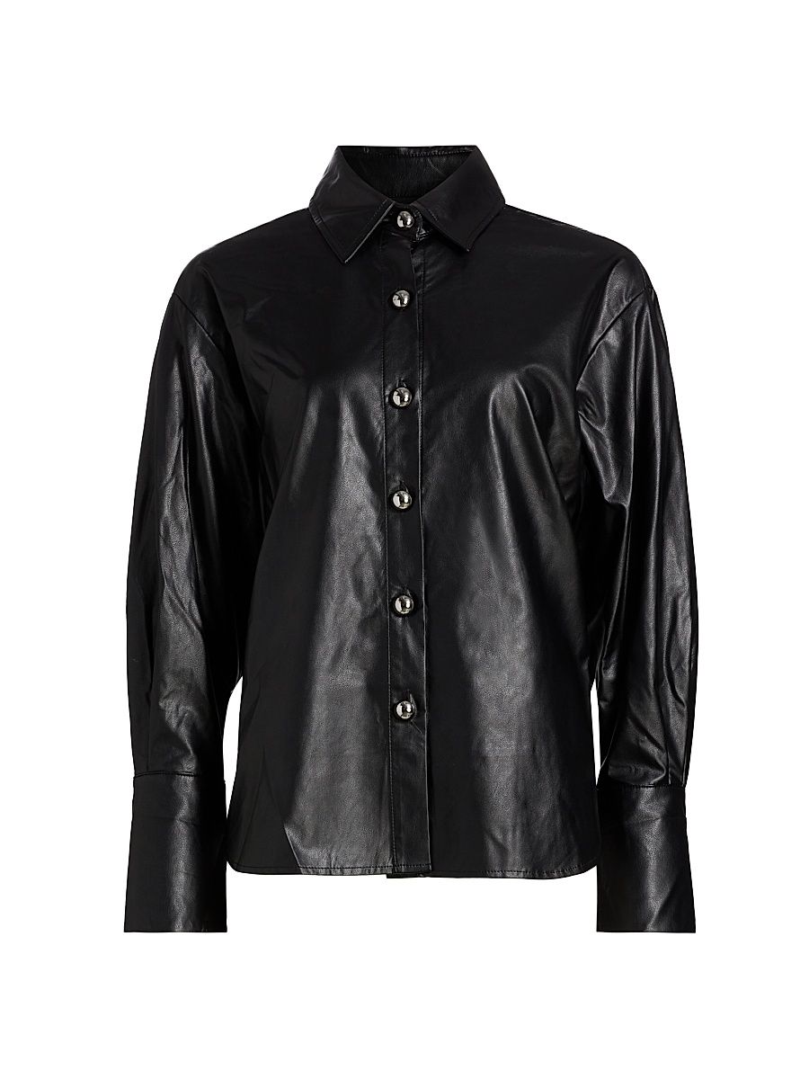 Women's Faux-Leather Button-Front Shirt - Black - Size Medium