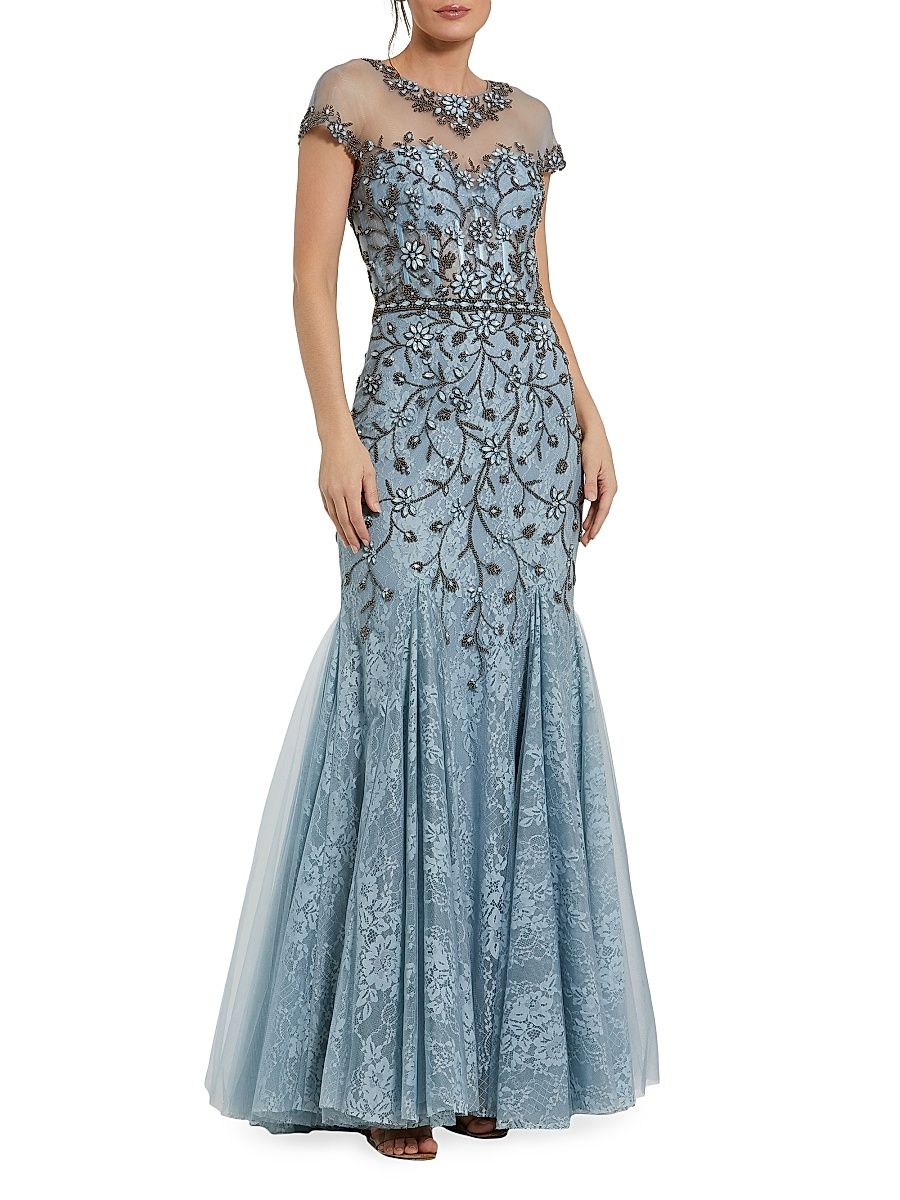 Women's Crystal Lace Illusion Mermaid Gown - Slate Blue - Size 16