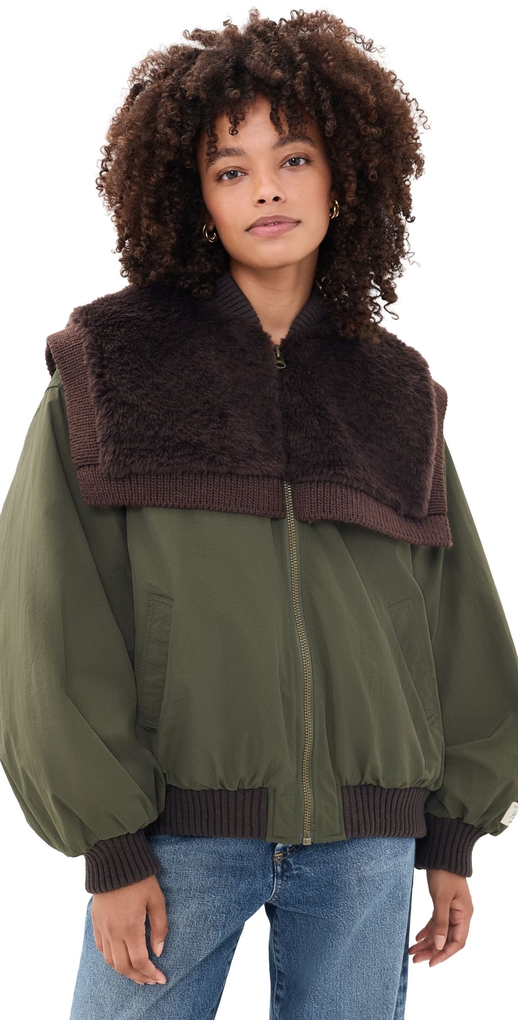 Sea Marta Faux Fur Combo Bomber Jacket Army XS
