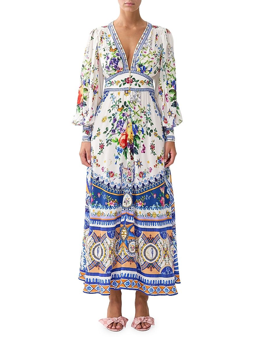 Women's Tiles Darls Floral Silk Maxi-Dress - Tiles Darls - Size Small