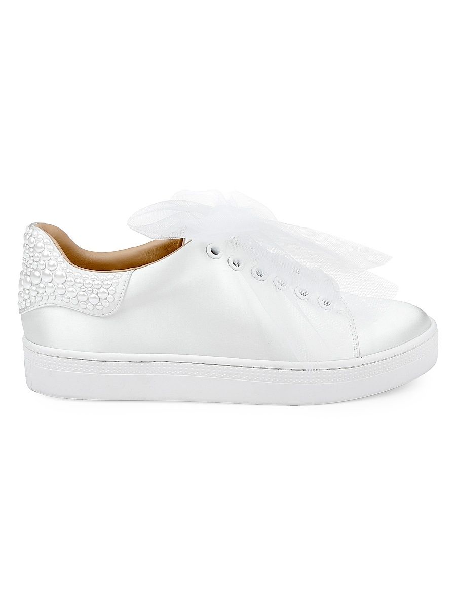 Women's Gem Embellished Satin Low-Top Sneakers - White Satin - Size 10
