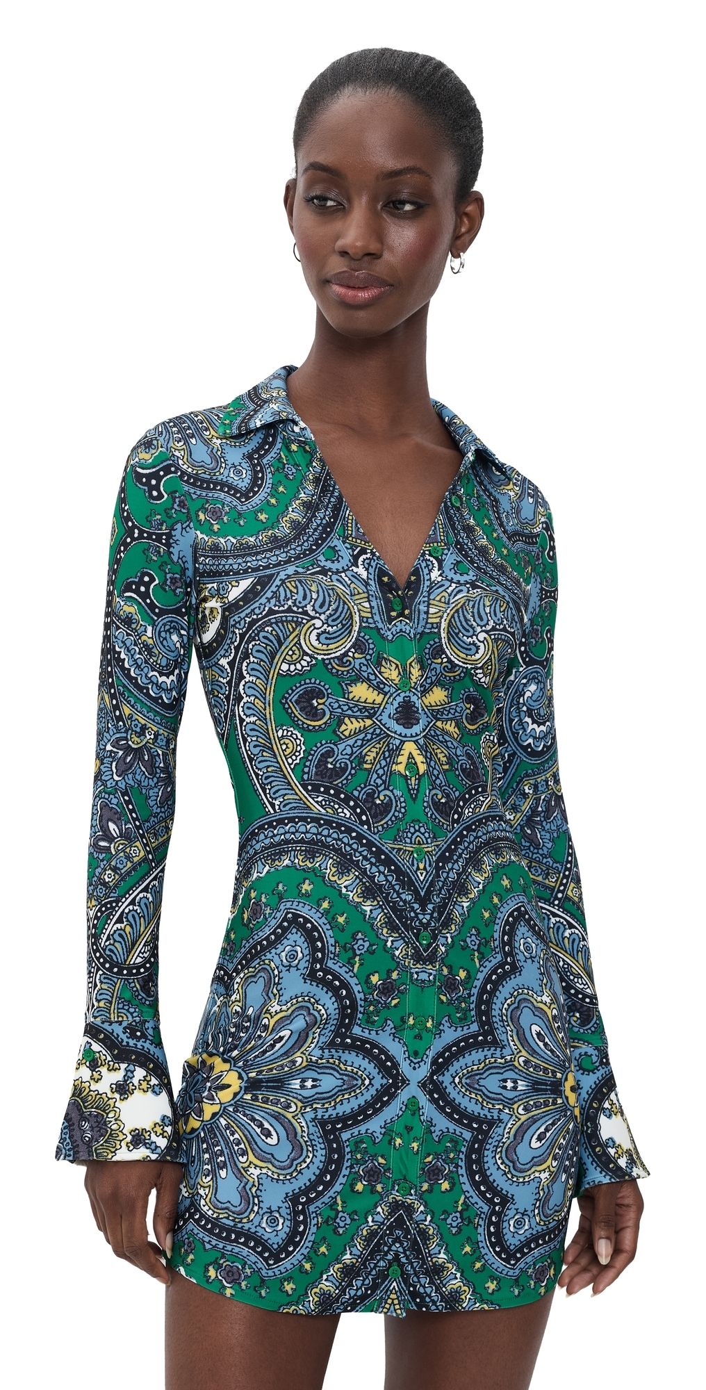 ALICE + OLIVIA Freya Fitted Waist Mini Dress Bon Voyage Deep Emerald M