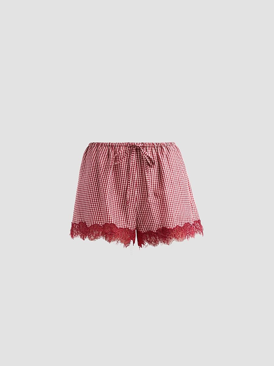 Women's Cassandra Gingham Cotton-Silk Lace-Trim Shorts - Berry Gingham - Size Large