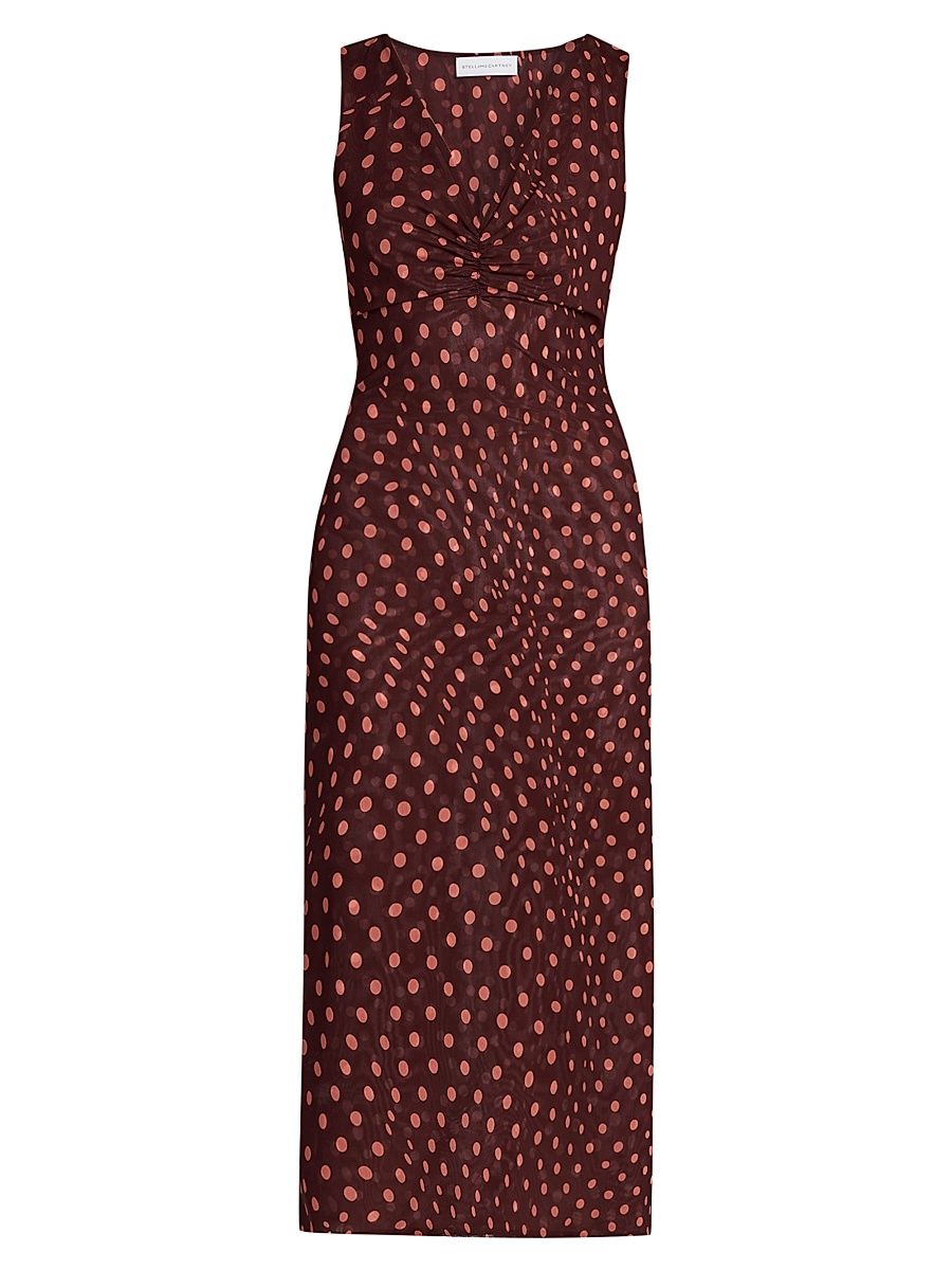 Women's Polka Dot Mesh V-Neck Midi Dress - Burgundy Pink - Size XS