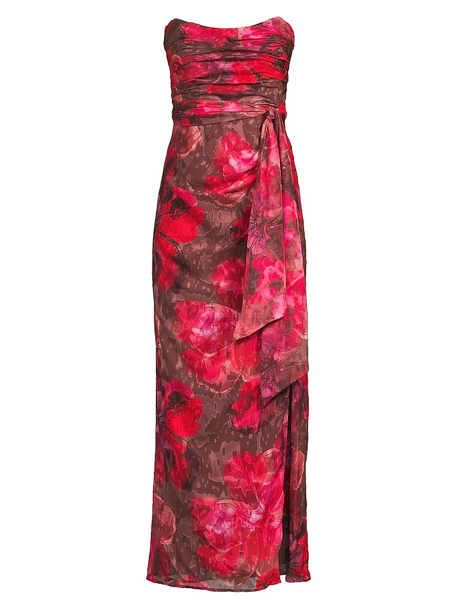 Women's Julietta Floral Ruched Strapless Maxi Dress - Rosewood Watercolor Blotted - Size 12