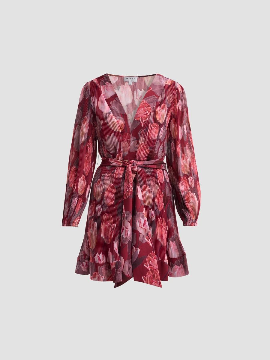 Milly Women's Liv Floral Pleated Tie-Waist Mini Dress - Red Multi - Size 12