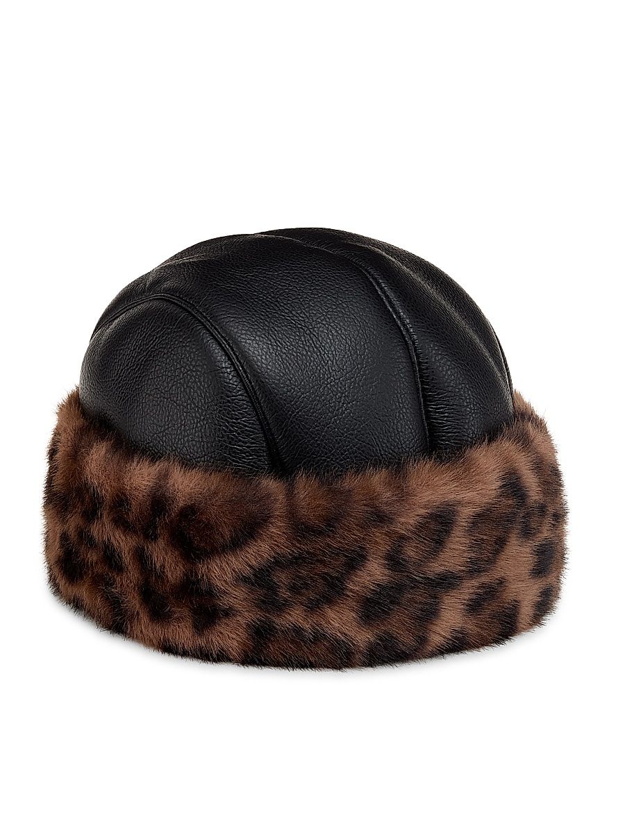 Women's Faux Fur-Trim Faux-Leather Roller Hat - Brown Multi