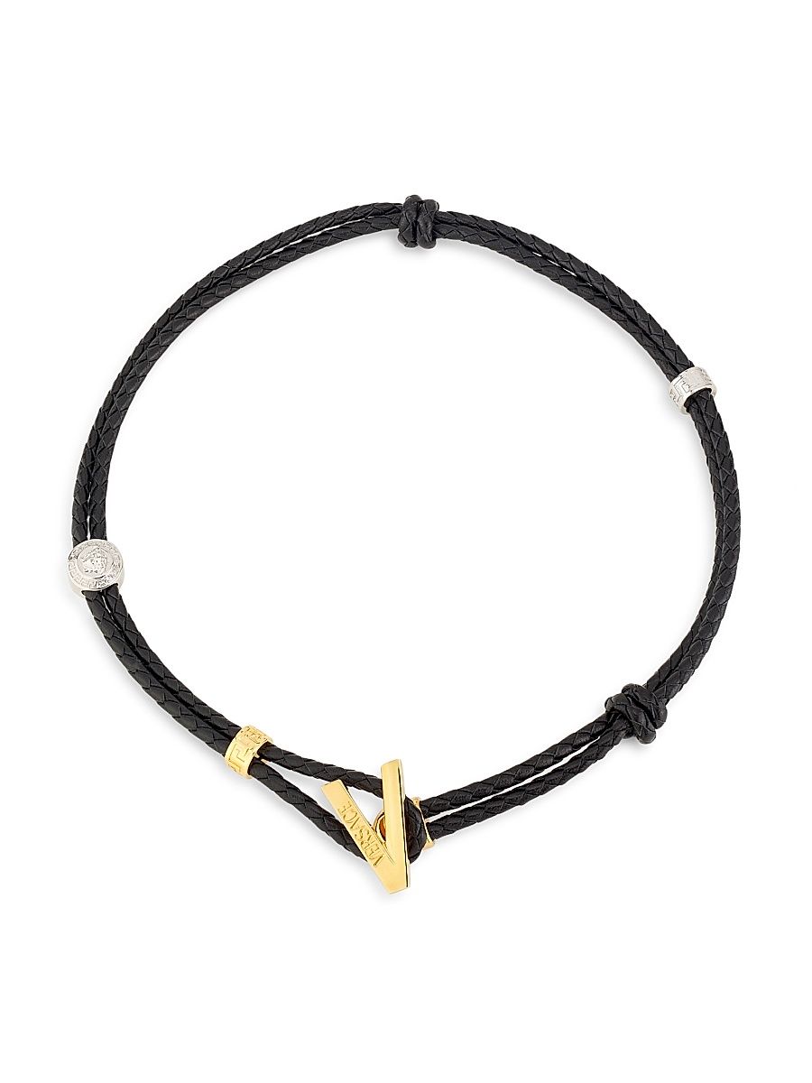 Men's Braided Leather Toggle Necklace - Black Versace Gold
