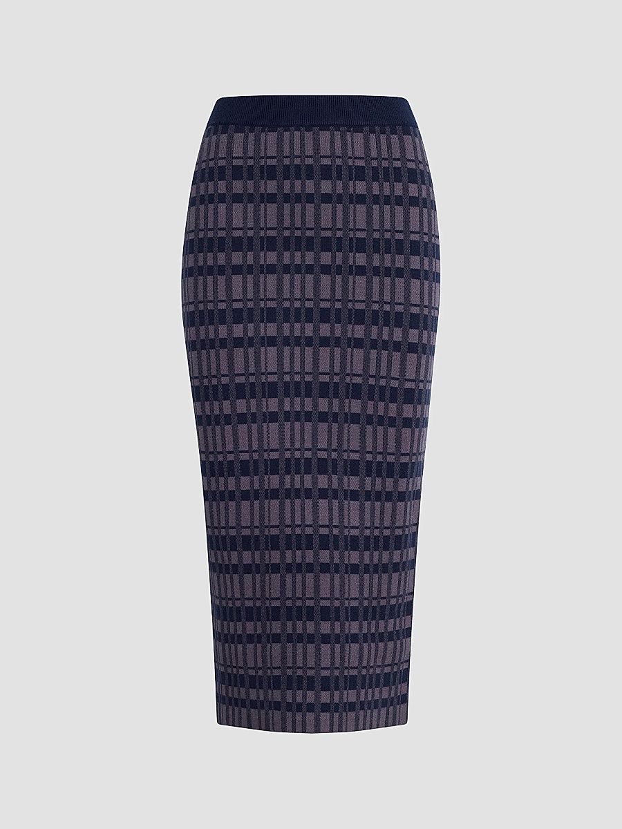 Women's Draper Plaid Knit Column Midi-Skirt - Navy Plaid - Size Large
