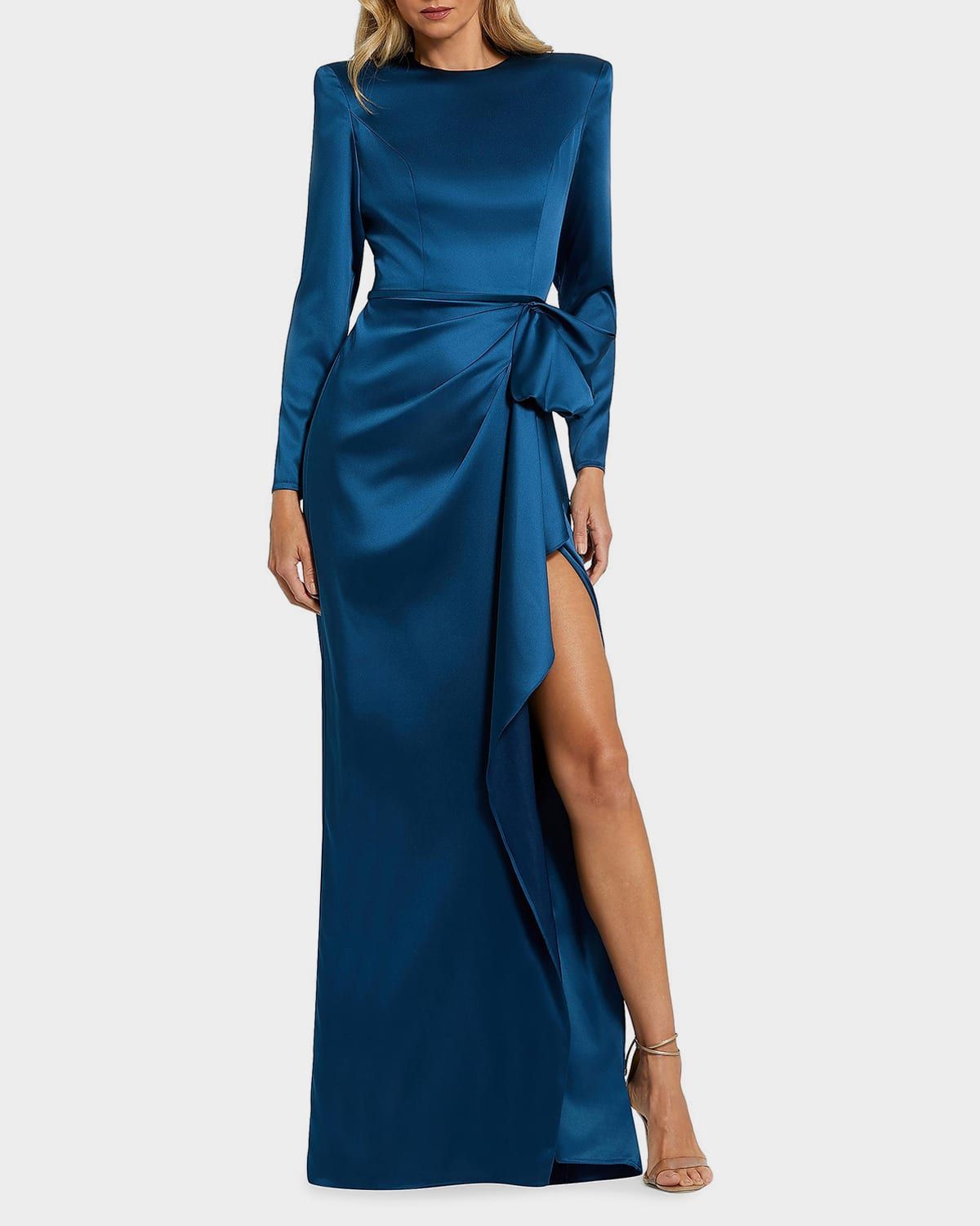 Draped Side-Slit Satin Column Gown