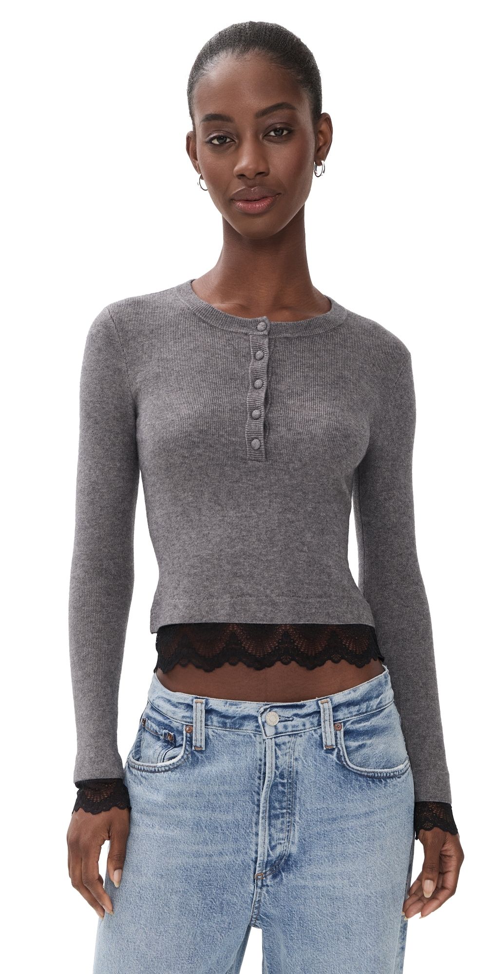 Generation Love Olivia Lace Combo Henley Sweater Heather Charcoal/Blk XXS