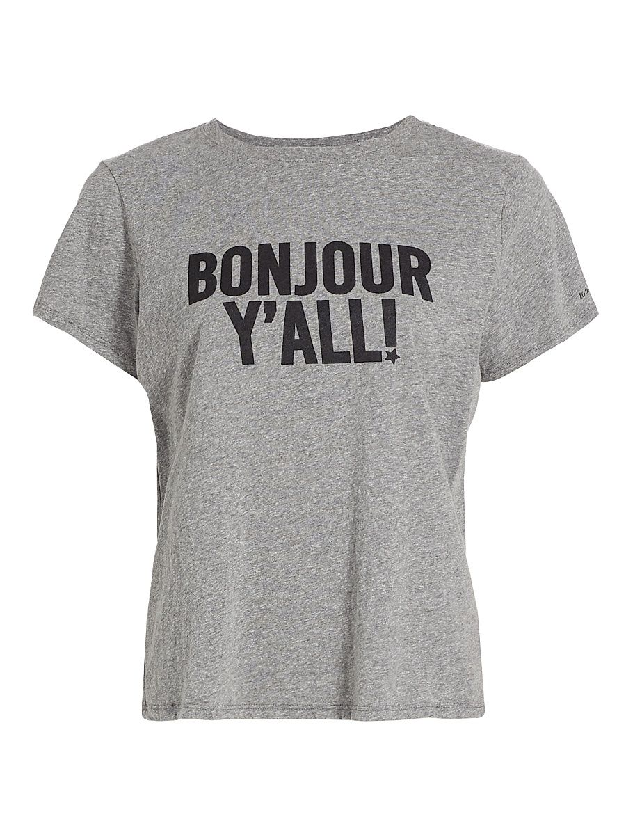 Women's Bonjour Y'all Graphic T-Shirt - Heather Grey Black - Size XS