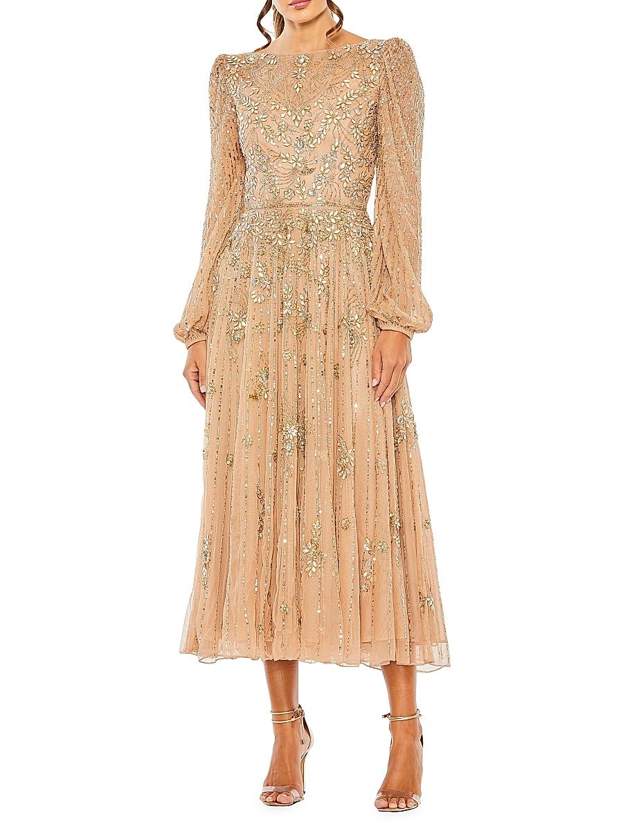 Women's Embellished Long-Sleeve Midi-Dress - Taupe - Size 20
