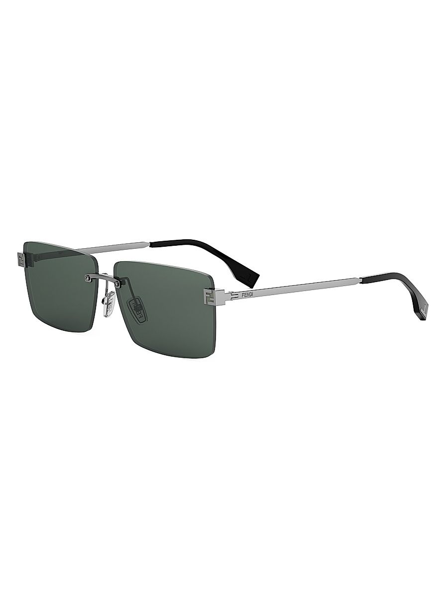 Men's Fendi Sky 61MM Rectangular Sunglasses - Shiny Light Ruthenium Green