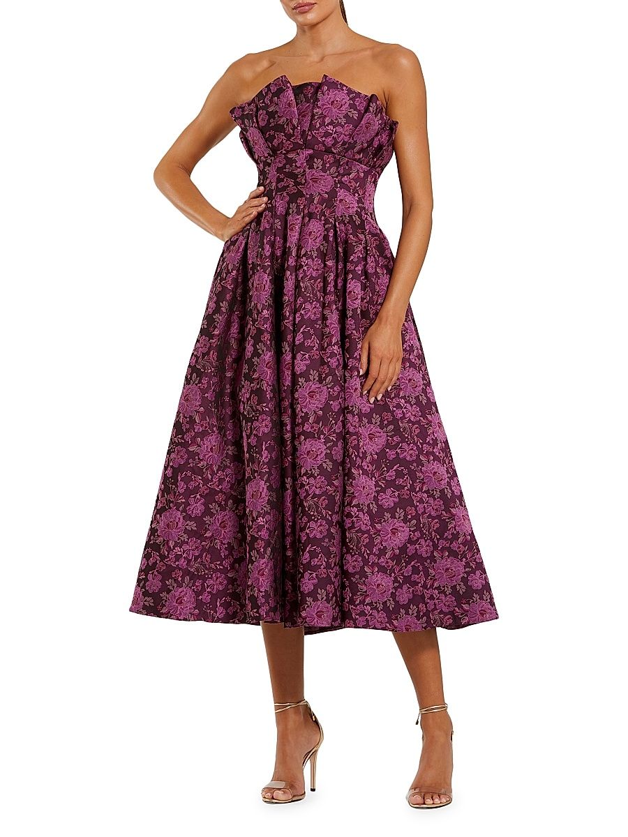 Women's Ieena 2 Floral Bustier Strapless Midi-Dress - Magenta Multi - Size 12