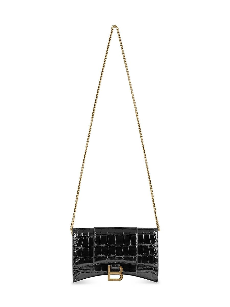 Women's Hourglass Wallet with Chain Crocodile Embossed - Black
