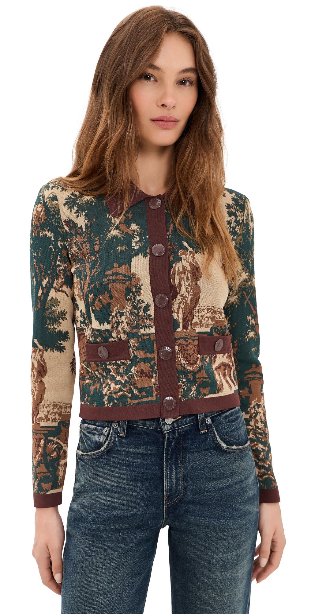 L'AGENCE Osiris Jacquard Collared Cardigan Multi Scenic Tapestry Print XXS