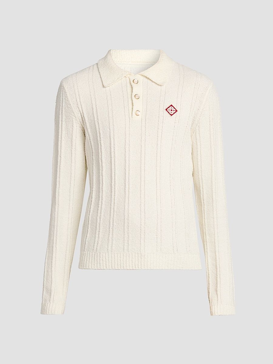 Men's Boucle-Knit Long-Sleeve Polo Shirt - White - Size XXL