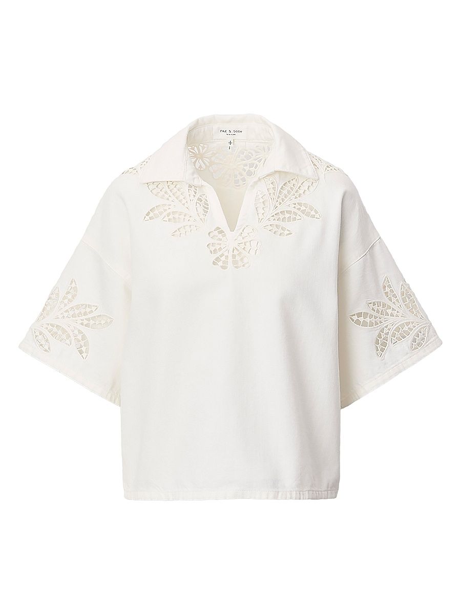 Women's Lucy Floral Eyelet Denim Top - White Floral - Size XS