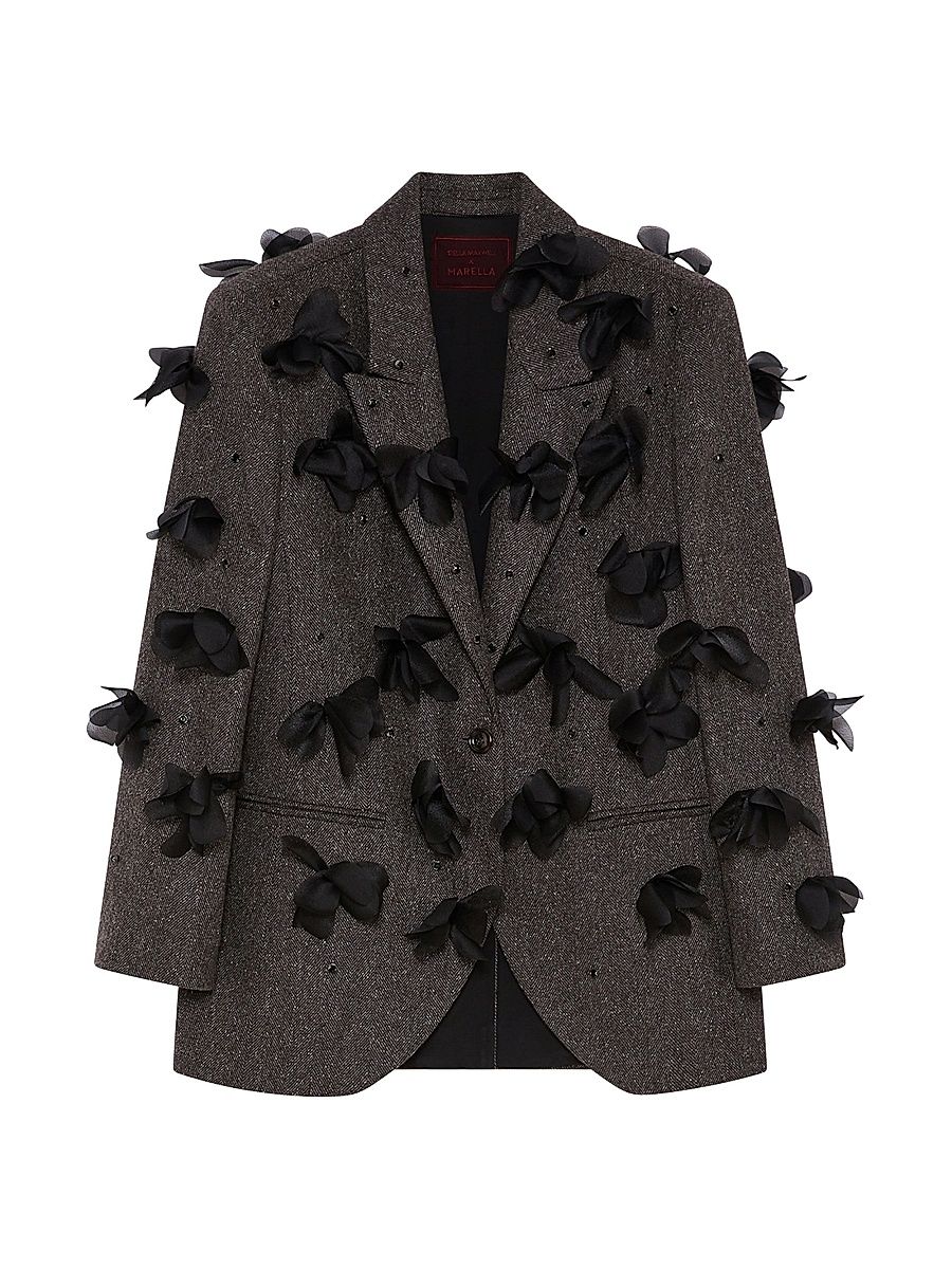 Women's Blazer with Floral and Embroidered Detail - Dark Brown - Size 2