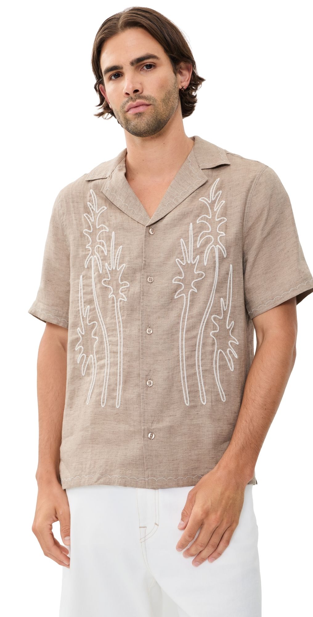 Frescobol Carioca Alves Palm Embroidered Linen Shirt Light Brown XL