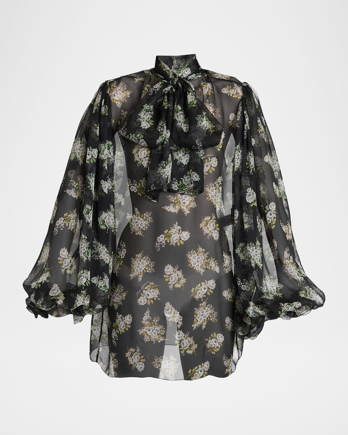 Floral Silk Chiffon Balloon-Sleeve Blouse