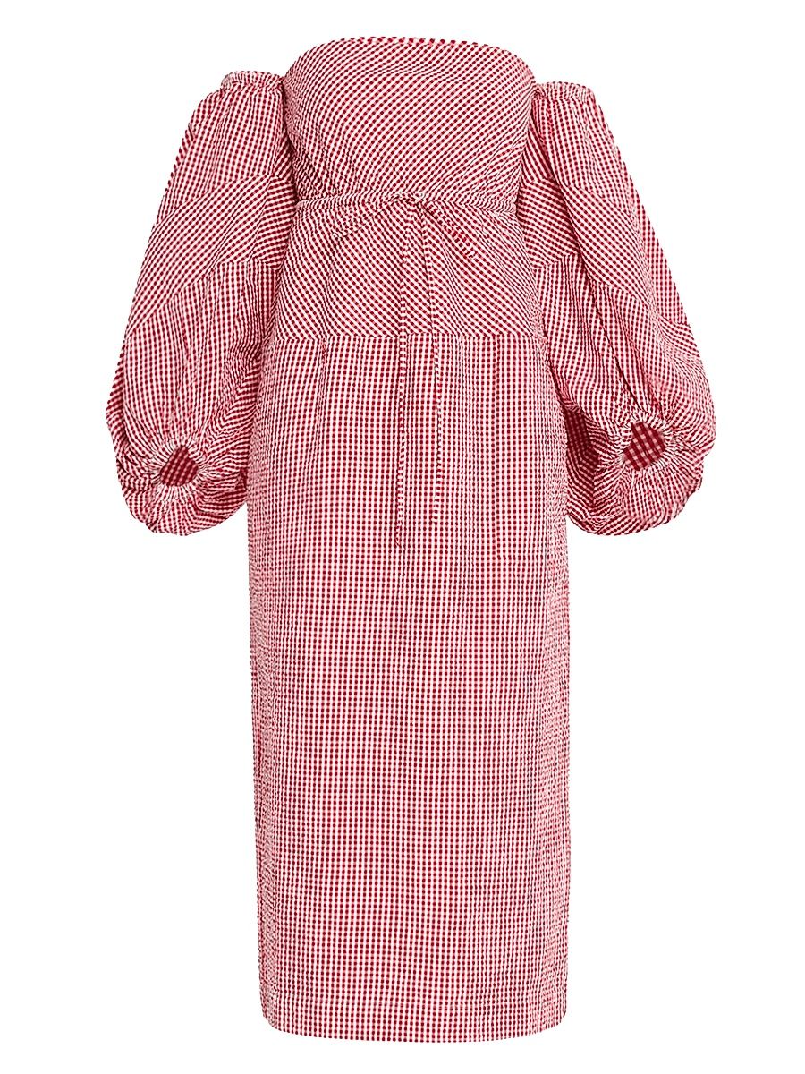 Women's Gingham Cotton Off-Shoulder Midi-Dress - Red Gingham - Size 2