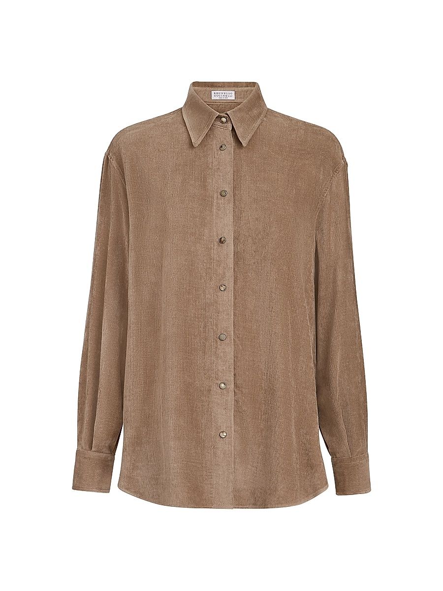 Women's Fluid Corduroy Shirt with Monili - Espresso - Size XXXL