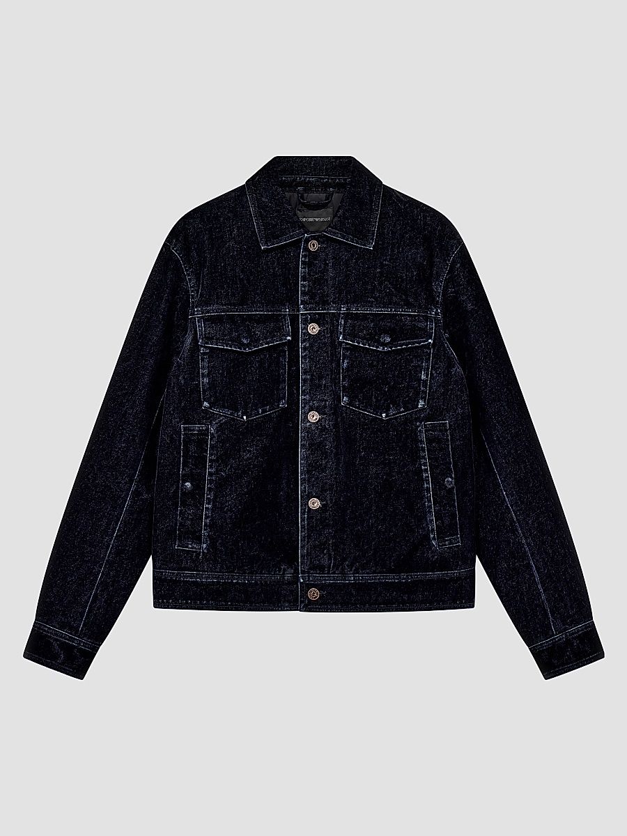 Emporio Armani Men's Flocked Denim Jacket - Solid Black - Size 48