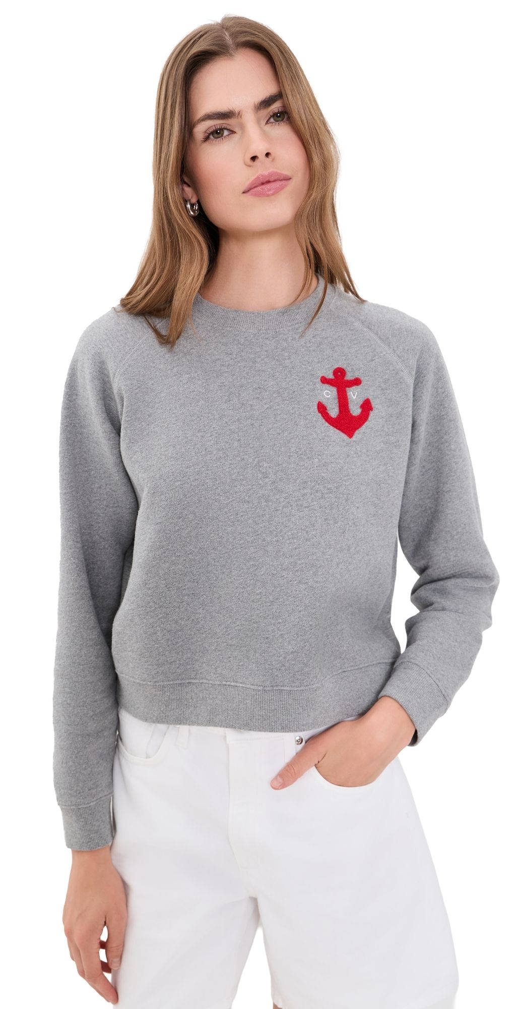 Clare V. Petit Chenille Anchor Le Court Sweatshirt Grey Melange XS