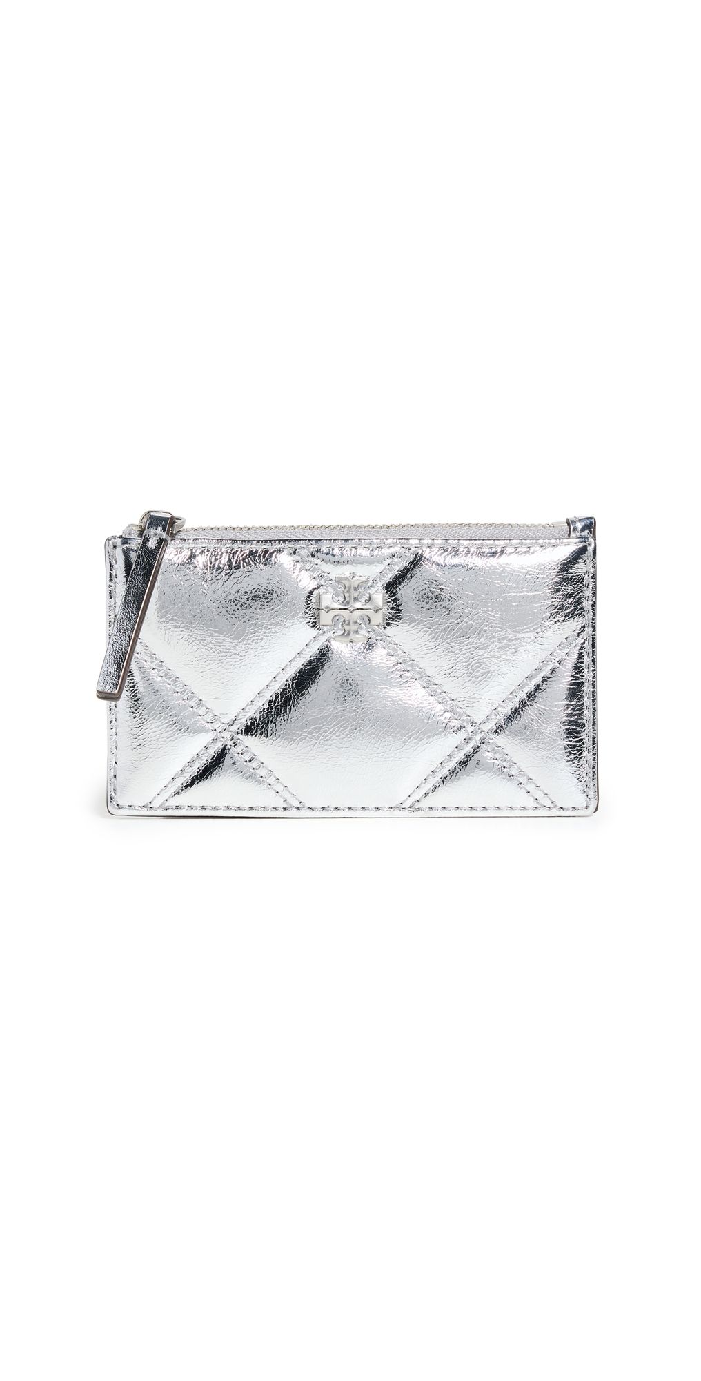 Tory Burch Kira Metallic Diamond Quilt Zip Card Case Silver One Size