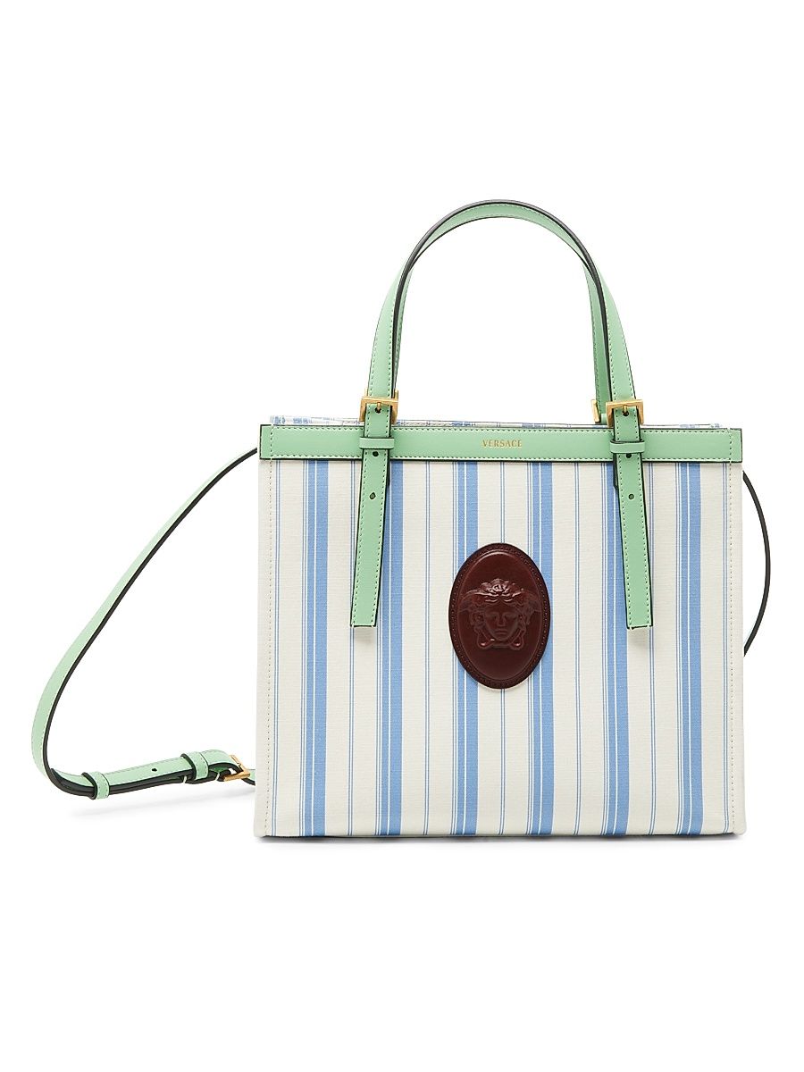 Women's La Vacanza Medium Striped Canvas Tote Bag - Dusty Blue Ivory Mint
