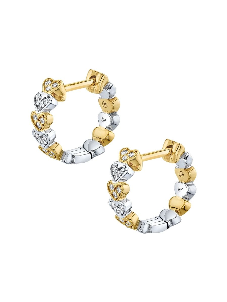 Women's 14K Two-Tone Gold & Diamond Heart Huggie Hoop Earrings - Diamond