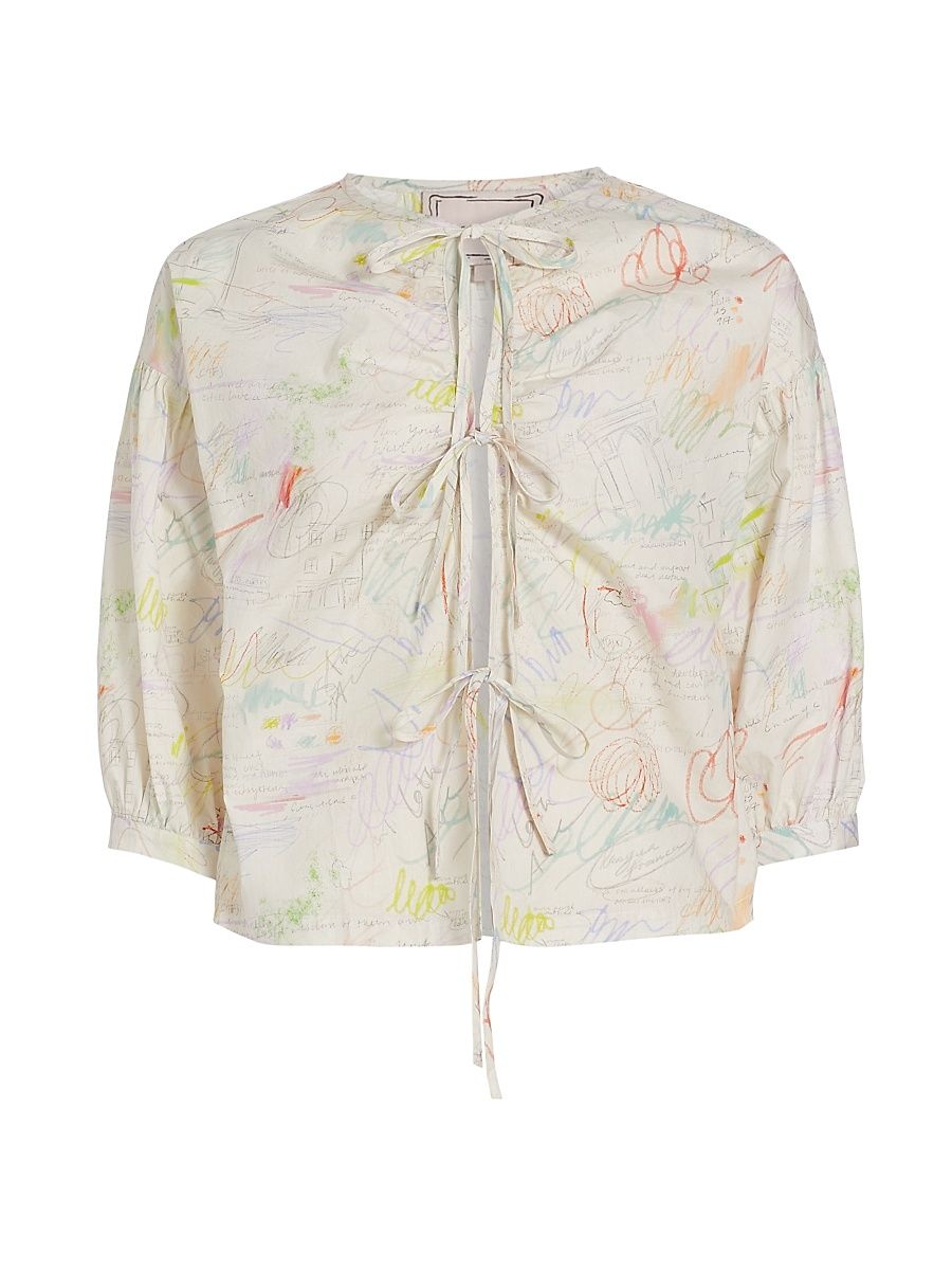 Women's Jacobs Cotton Tie-Front Blouse - Jane Print - Size Medium