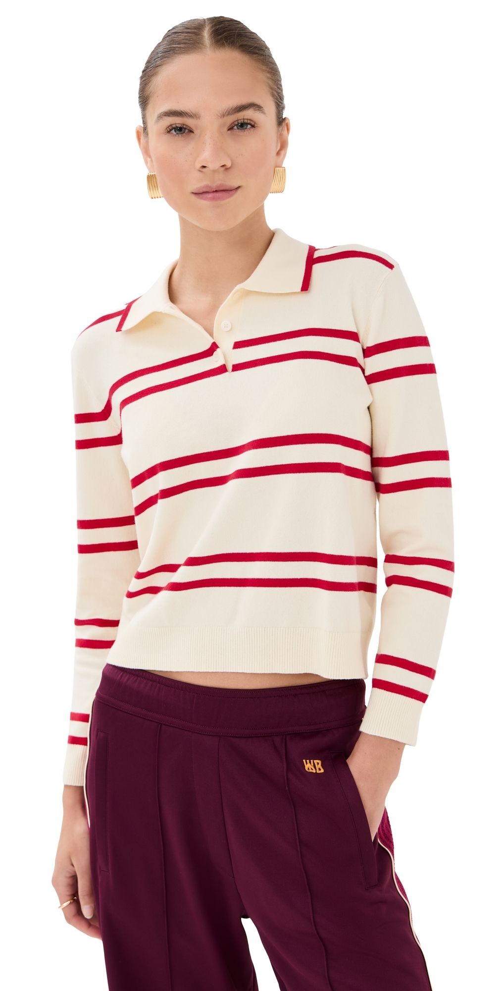 State & Lake Long Sleeve Striped Polo Green/White L