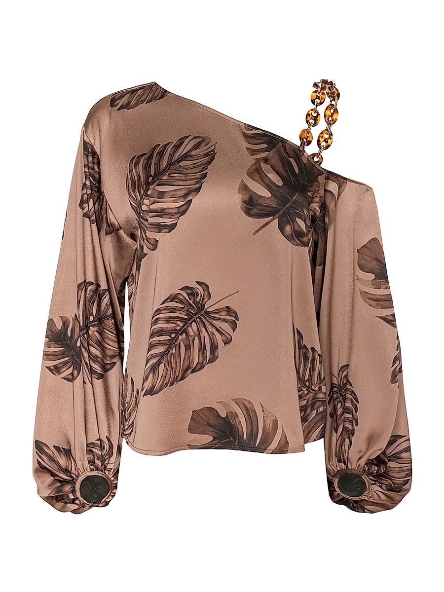 Women's Asami Printed Chain-Shoulder Satin Blouse - Hazelnut Multi Large - Size XS