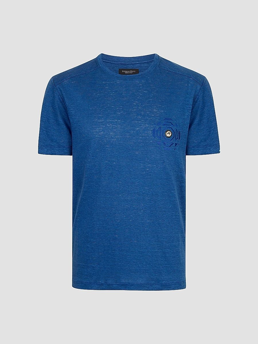Stefano Ricci Men's Linen T-Shirt with Metallic Detailing - Mediterranean - Size XXL