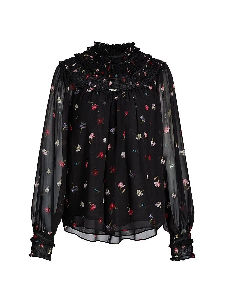Women's Leopold Tumbling Carnations Long-Sleeve Top - Black Multi - Size Large