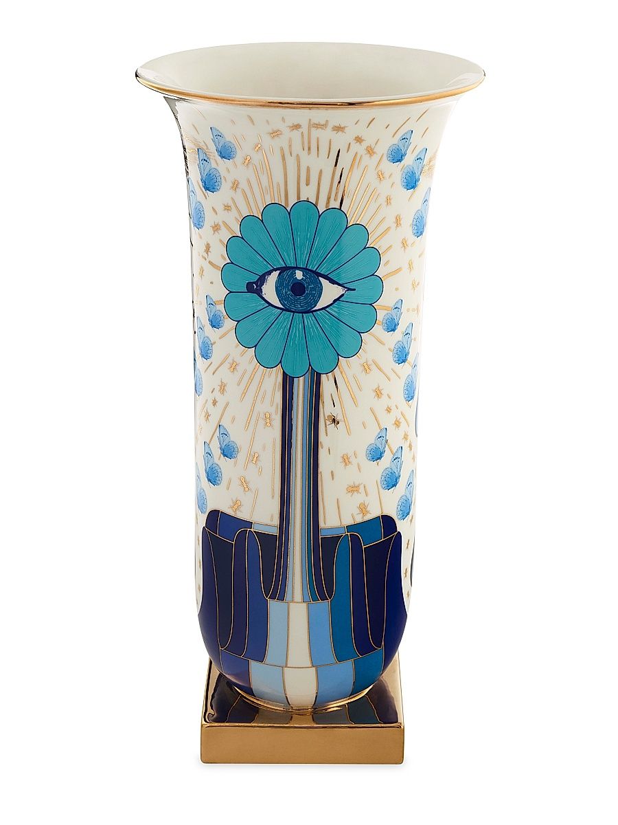 Jonathan Adler Druggist Flared Tall Vase - Blue White Gold