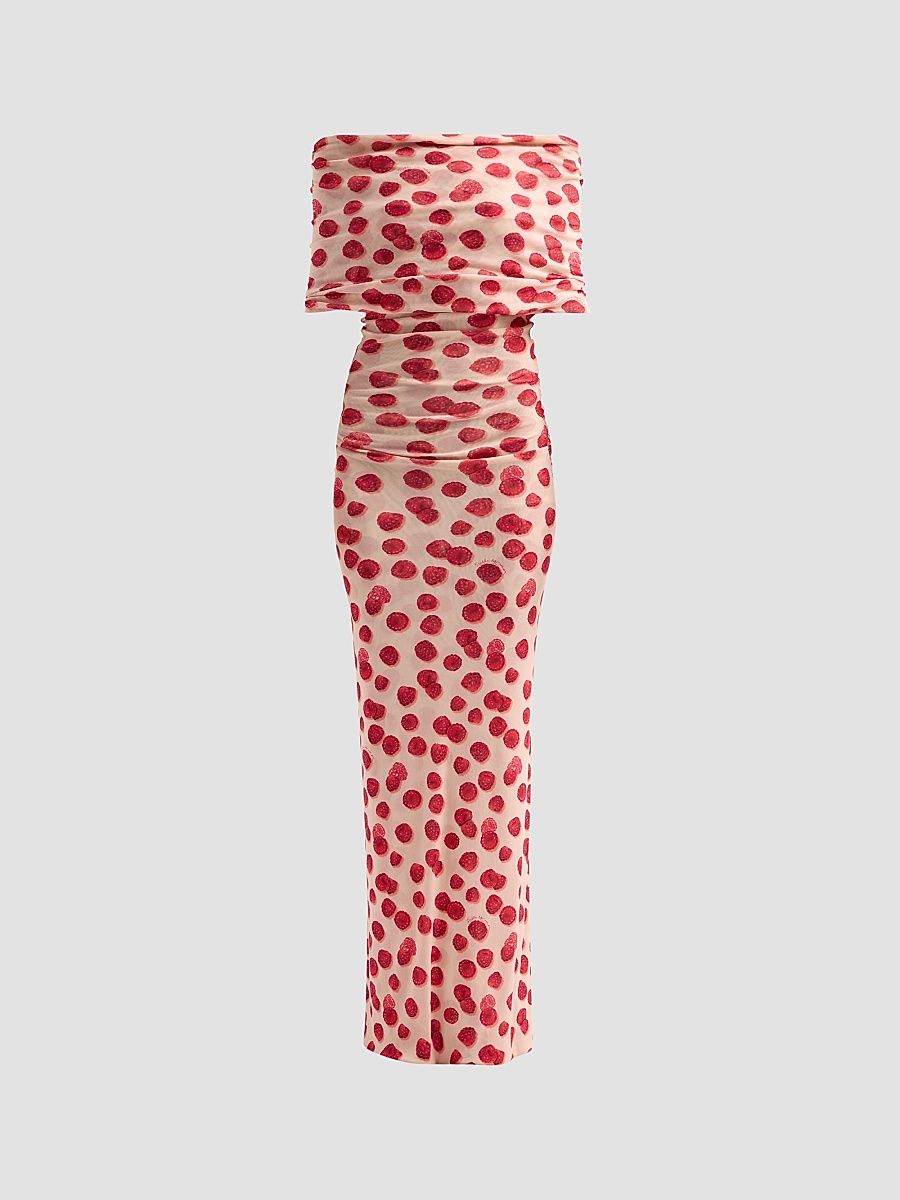 Women's Raspberry-Print Mesh Off-The-Shoulder Maxi Dress - Raspberry - Size XXS