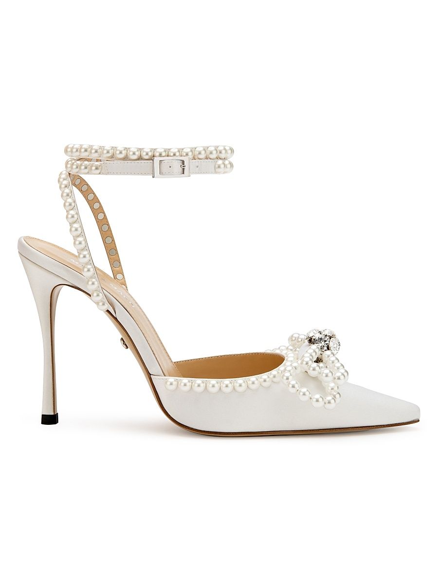 Women's 110MM Embellished Double Bow Satin Pumps - White - Size 11