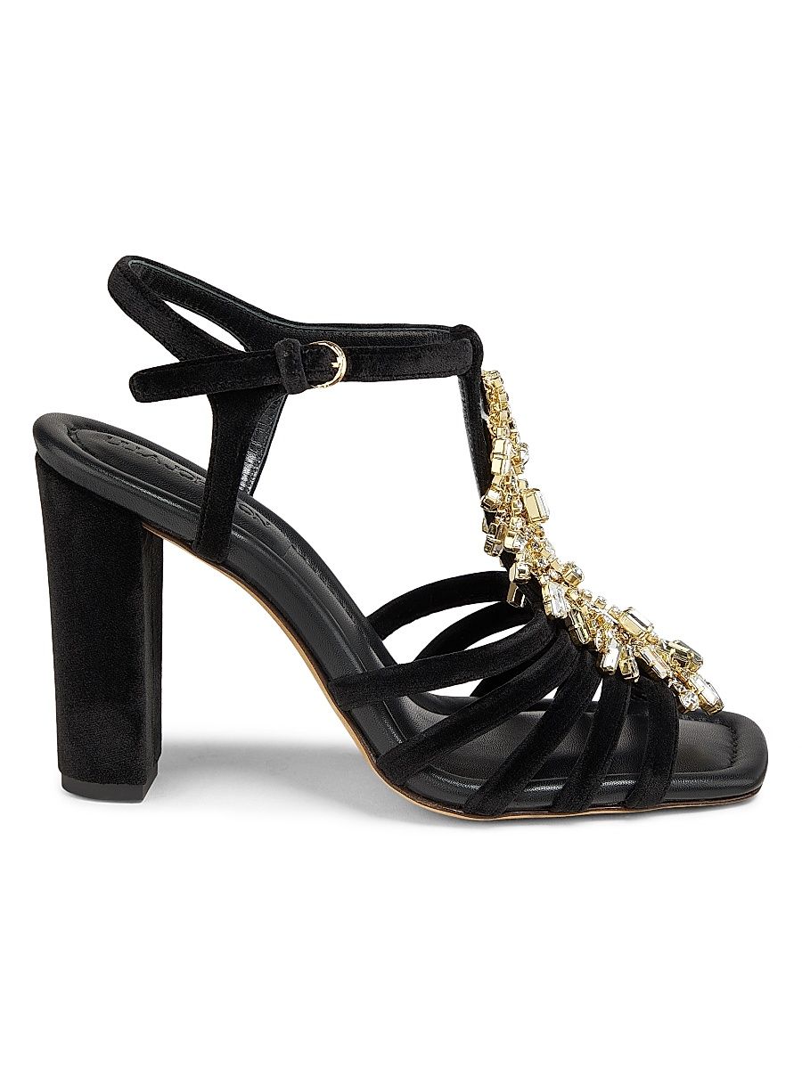 Women's Bianca 100MM Embellished Velvet T-Strap Sandals - Black - Size 8.5