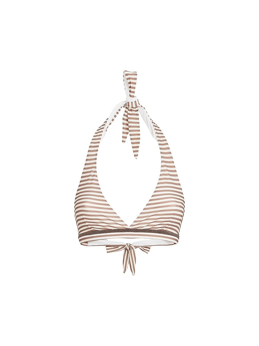 Women's Striped Techno Jersey Bikini Top with Precious Trim - Beige - Size 12