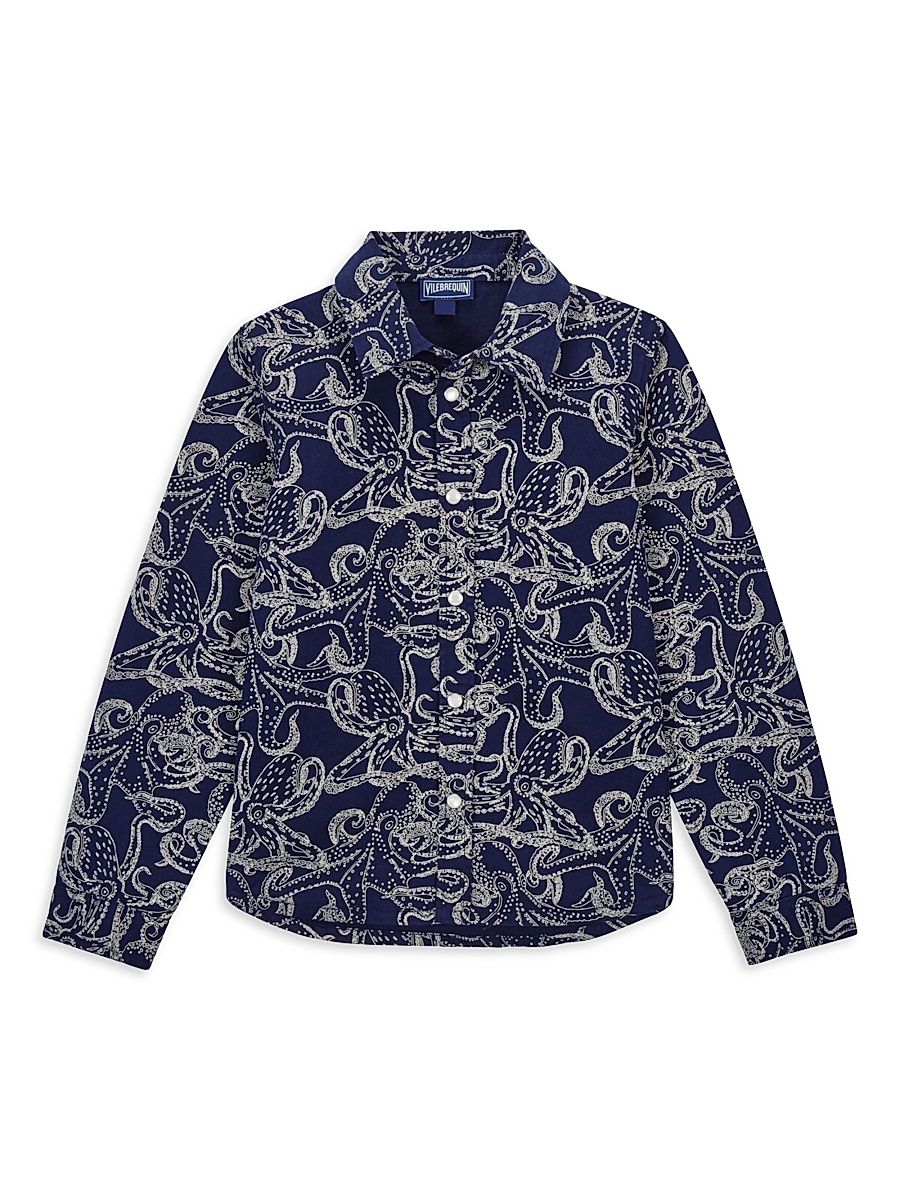 Little Boy's & Boy's Octopus Long-Sleeve Cotton Shirt - Bleu Marine - Size 12