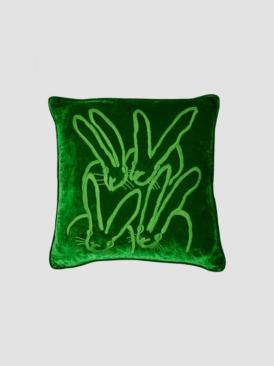 Hunt Slonem Hand-Embroidered Bunny Velvet Pillow - Fern Green