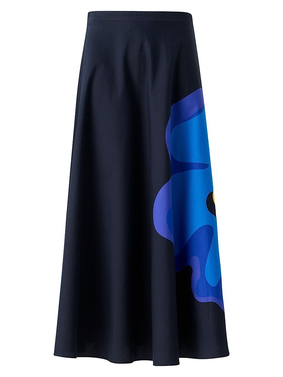 Women's Flower Poplin Cotton Midi-Skirt - Black Multicolor - Size 16