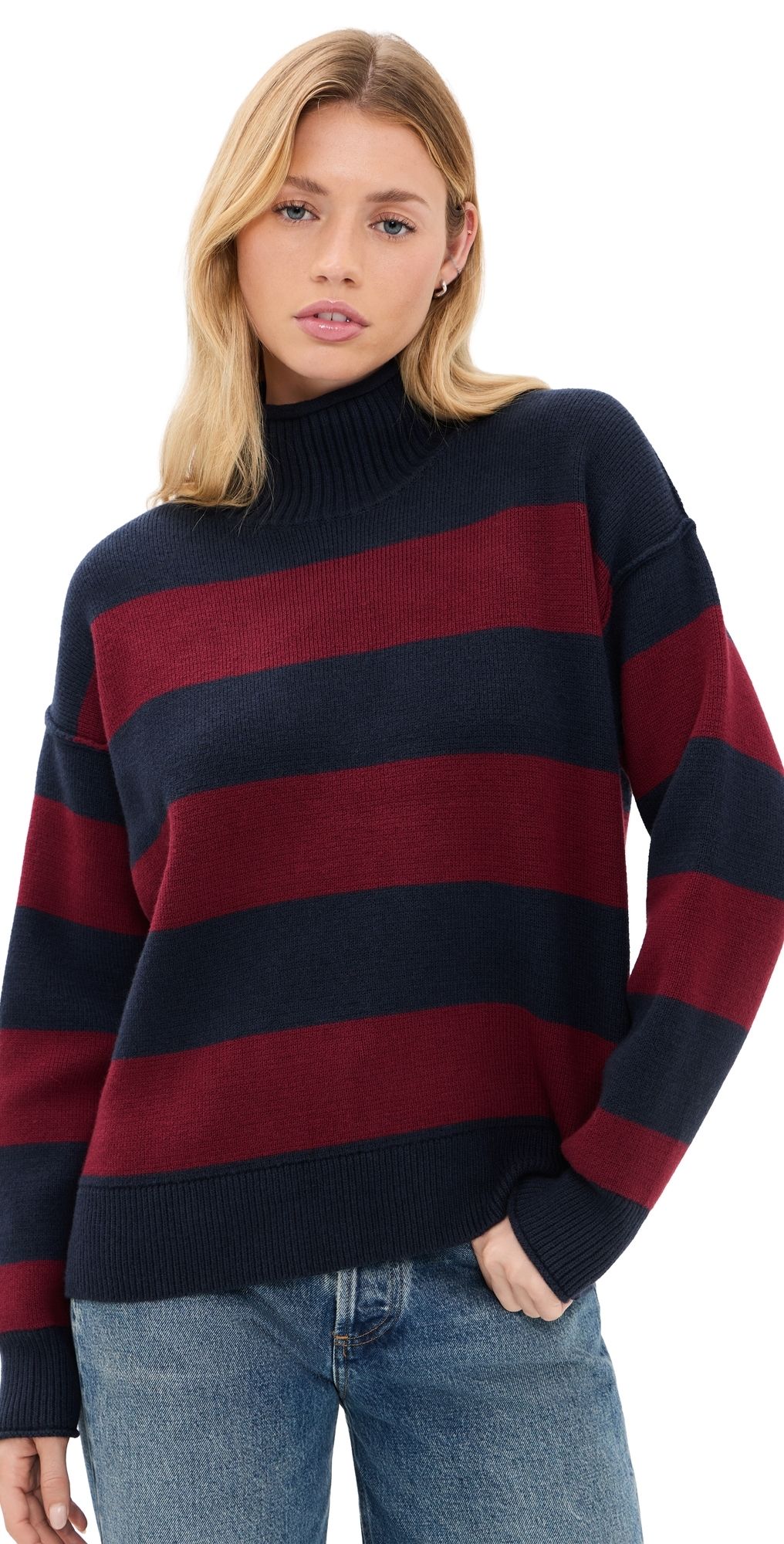 Marine Layer Mid Gauge Rugby Rollneck Sweater Cabernet/Navy Stripe XL
