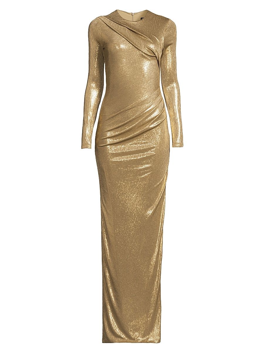 Women's Marika Draped Metallic Long-Sleeve Gown - Liquid Gold - Size 12
