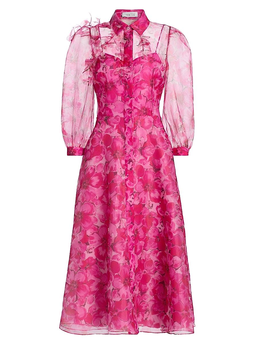 Women's Floral Illusion Midi-Shirtdress - Fuchsia Multi - Size 12