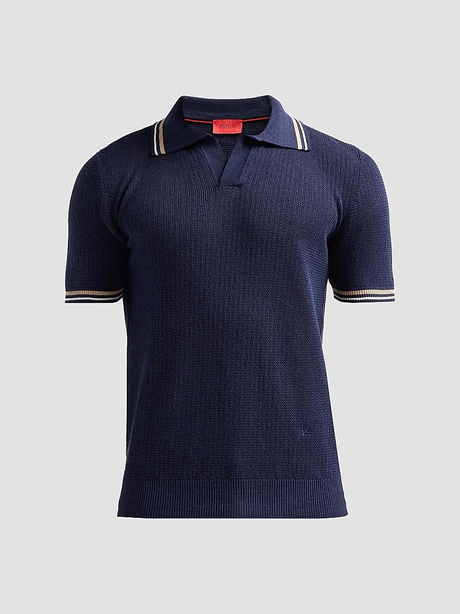Men's Varsity Silk-Linen Polo Shirt - Dark Blue - Size XXL